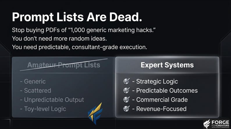 May include: A digital graphic with the text "Prompt Lists Are Dead." It contrasts "Amateur Prompt Lists" with "Expert Systems," listing characteristics like "Strategic Logic" and "Predictable Outcomes." A logo for "FORGE FOR CREATORS" is in the bottom right.