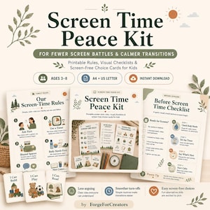 Screen Time Peace Kit for Kids, Printable Screen Time Rules, Calm Down Cards, Screen-Free Choice Cards, Visual Routine PDF