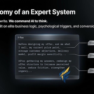 May include: A dark background with the text "The Anatomy of an Expert System." The image includes text about AI and expert systems, with a section labeled "X-Ray" and annotations for "Context Injection," "Diagnostic Variables," and "Strategic Output Framework."