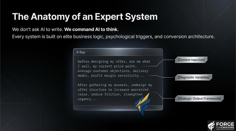 May include: A dark background with the text "The Anatomy of an Expert System." The image includes text about AI and expert systems, with a section labeled "X-Ray" and annotations for "Context Injection," "Diagnostic Variables," and "Strategic Output Framework."