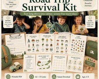 Road Trip Survival Kit for Kids, Printable Car Activities, Travel Games, Car Bingo