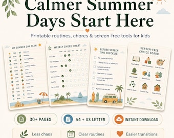 Kids Summer Routine Chore Chart, Screen-Free Activity Planner (Digital Download)