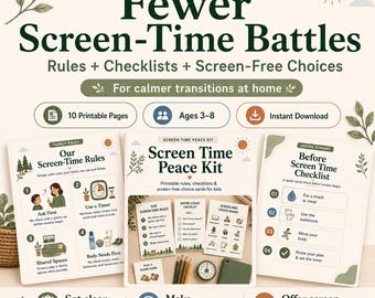 Screen Time Rules Printable for Kids, Visual Checklist, Calm Down Cards, Screen-Free Choices