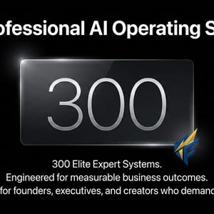 May include: Black background with the text "The Professional AI Operating System." A rectangular, glowing, dark gray shape displays the number "300" in silver. Below, text reads "300 Elite Expert Systems."