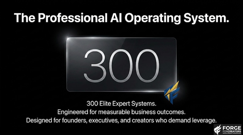 May include: Black background with the text "The Professional AI Operating System." A rectangular, glowing, dark gray shape displays the number "300" in silver. Below, text reads "300 Elite Expert Systems."