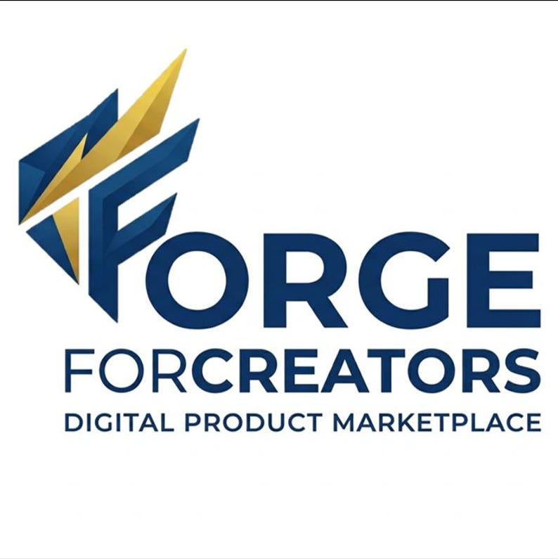 May include: The logo features the word "FORGE" in a bold, dark blue font. Above the word is a geometric design in blue and gold. Below "FORGE" is "FORCREATORS" and "DIGITAL PRODUCT MARKETPLACE" in a smaller, dark blue font.