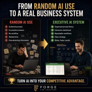 May include: An infographic comparing "Random AI Use" to an "Executive AI System." The image shows two men using laptops. The left side lists problems with random AI use, while the right side highlights the benefits of an executive system. The text includes "Turn AI into your competitive advantage."