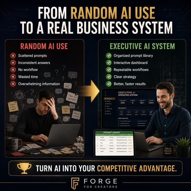 May include: An infographic comparing "Random AI Use" to an "Executive AI System." The image shows two men using laptops. The left side lists problems with random AI use, while the right side highlights the benefits of an executive system. The text includes "Turn AI into your competitive advantage."