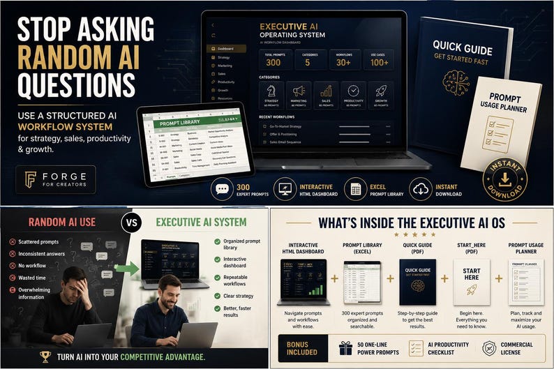 A before and after infographic showing random AI use compared to an organized Executive AI workflow system with dashboard, prompt library, and repeatable business workflows.