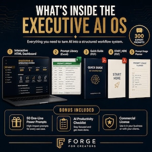 Pode incluir: Anúncio para "EXECUTIVE AI OS" com laptop, biblioteca de prompts, guia rápido, guia "Start Here" e planejador de uso de prompts. Bônus incluem prompts de poder e uma lista de verificação de produtividade de IA.