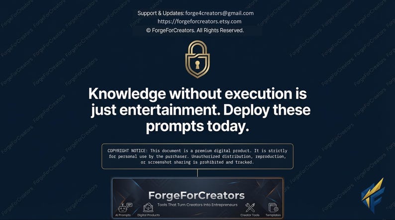 May include: A dark blue graphic with the text "Knowledge without execution is just entertainment. Deploy these prompts today." The image includes a gold lock icon and the words "ForgeForCreators".