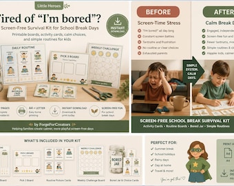 Screen-Free School Break Kit, Printable Activity Cards, Bored Jar, Routine Boards