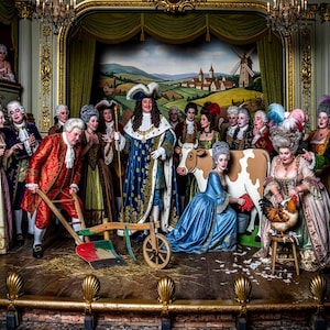 May include: A theatrical stage set with costumed figures in 18th-century attire. A man in a blue coat stands center, surrounded by others in elaborate gowns and wigs. A cow and a chicken are also present.