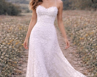 Vestido de novia bohemio de encaje, vestido de novia, vestido de encaje sin espalda, vestido de novia de tirantes finos, vestido de novia rústico para exteriores, vestido de novia para bodas en el jardín