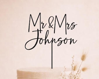 カスタムウェディングケーキトッパー Mr & Mrs パーソナライズされた苗字ケーキトッパー 素朴なボヘミアンウェディングケーキデコレーション - ウェディング用ケーキトッパー