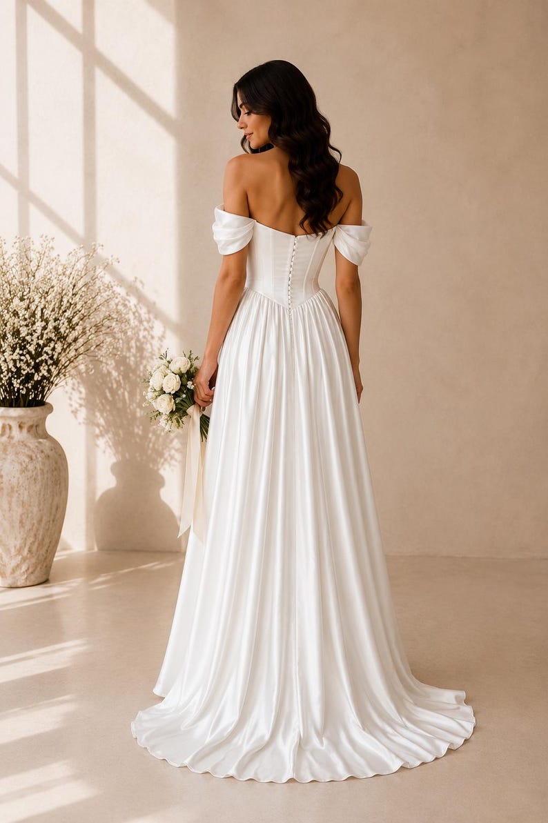 May include: A floor-length white satin wedding dress featuring an off-the-shoulder neckline with draped sleeves, a fitted bodice with a vertical row of small fabric-covered buttons down the centre back, and a full, flowing skirt with a train.