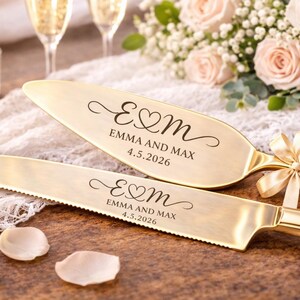 Monogram Wedding Cake Knife Set Gold, Personalized Initials Cake Server, Custom Engraved Cake Cutting Set, Couple Gift