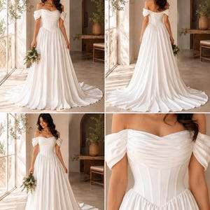 May include: A floor-length white gown featuring an off-the-shoulder neckline with draped fabric, a structured corset-style bodice with vertical boning, and a full, flowing skirt with a train. The back includes a lace-up closure detail.