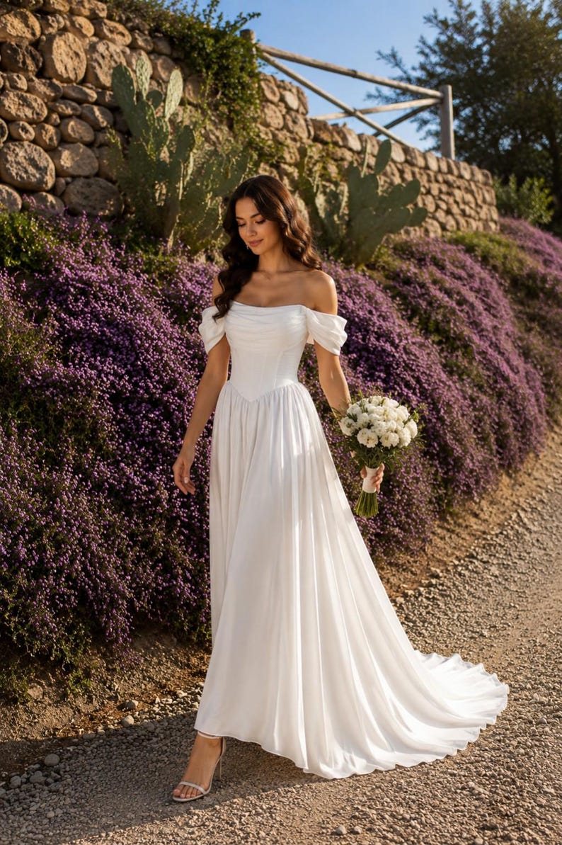 May include: A floor-length white wedding dress featuring an off-the-shoulder neckline with draped sleeves, a fitted bodice with a pointed waistline, and a flowing skirt. The dress is paired with a bouquet of white flowers and silver high-heeled sandals.