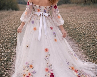 Boho Wedding Dress for Women, Bohemian Wedding Dress, Lace Flower Bridal Gown, Rustic Wedding Dress, Boho Bride, Bridal Shower