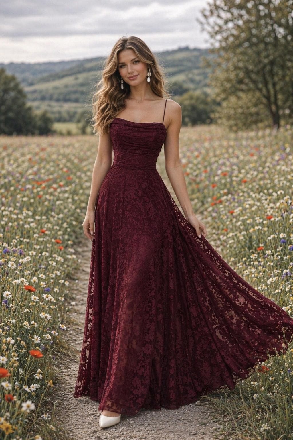 floor length burgundy bridesmaid dress Eden - Burgundy Red formal dress | Floral V neckline, backless, A-line Satin Gown with Pockets XS