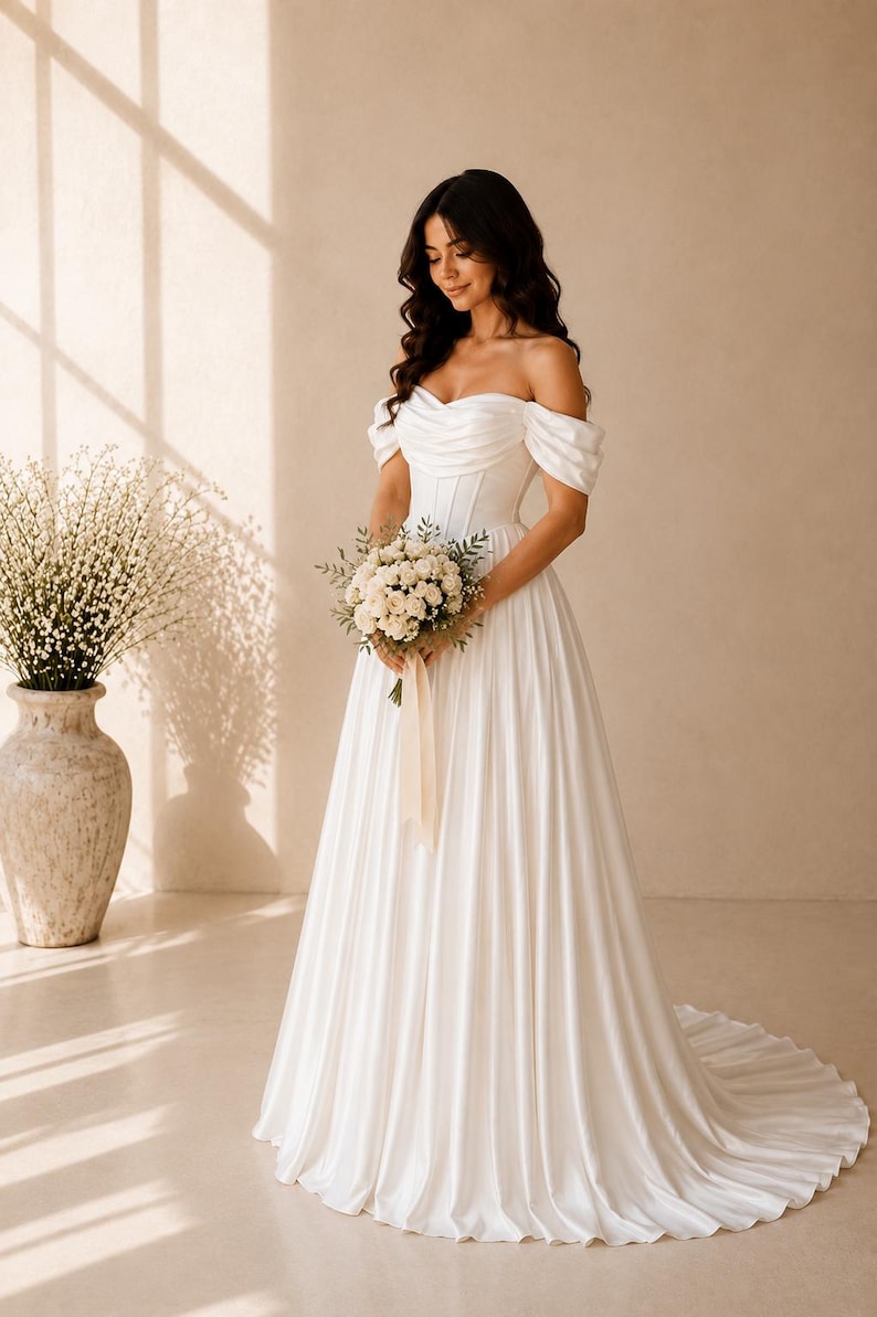 May include: A floor-length white wedding dress featuring an off-the-shoulder neckline with draped fabric, a structured corset-style bodice, and a full, pleated skirt that extends into a train. The dress is made of a smooth, satin-like material.