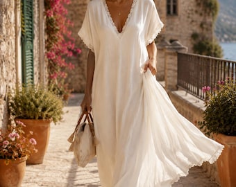 Abito lungo estivo boho da donna, caftano da spiaggia cottagecore, abito caftano bianco ampio, abito da vacanza, abbigliamento boho da resort, abiti