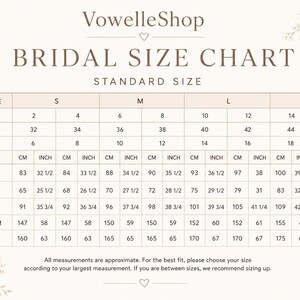 May include: A bridal size chart from VowelleShop featuring a table with standard sizes S, M, L, and XL. It lists US, Europe, and UK sizes alongside measurements for bust, waist, hips, hollow to hem, and height in both centimetres and inches.