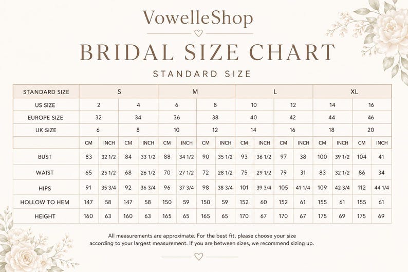 May include: A bridal size chart from VowelleShop featuring a table with standard sizes S, M, L, and XL. It lists US, Europe, and UK sizes alongside measurements for bust, waist, hips, hollow to hem, and height in both centimetres and inches.