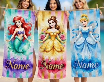 Custom Mermaid Princess Beach Towel, Fairytale Pool Towel, Personalized Kids Gift