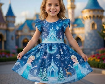 Vestito da Elsa del Castello di Frozen per bambine, ideale per feste di compleanno e come regalo personalizzato.