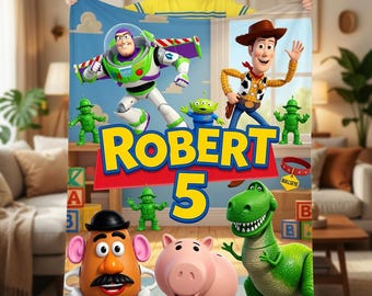 Personalized Toy Story Birthday Blanket Custom Name Age Gift for Kids Boys Nursery Decor