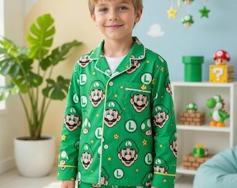 Set pigiama Luigi Kids, abbigliamento da notte per bambini, grazioso completo pigiama a maniche lunghe, regalo personalizzato