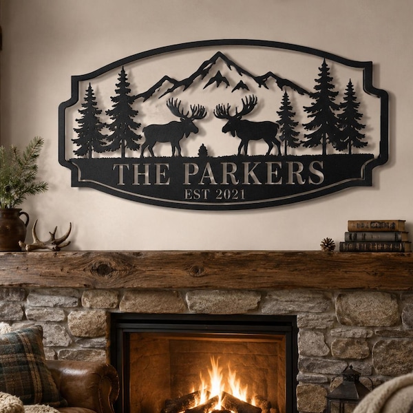 Personalized Moose Family Metal Sign, Custom Last Name Cabin Wall Art, Housewarming Gift, Rustic Mountain Lodge Decor
