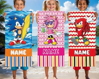 Telo mare personalizzato di Sonic, telo piscina personalizzato per bambini, regalo estivo a tema Sonic per le vacanze.