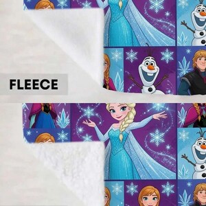 May include: A blanket featuring characters from Frozen, including Elsa, Anna, Olaf, and Kristoff, displayed in a grid pattern with snowflakes. The image shows two texture options: a smooth fleece side labeled FLEECE and a textured sherpa side labeled SHERPA.