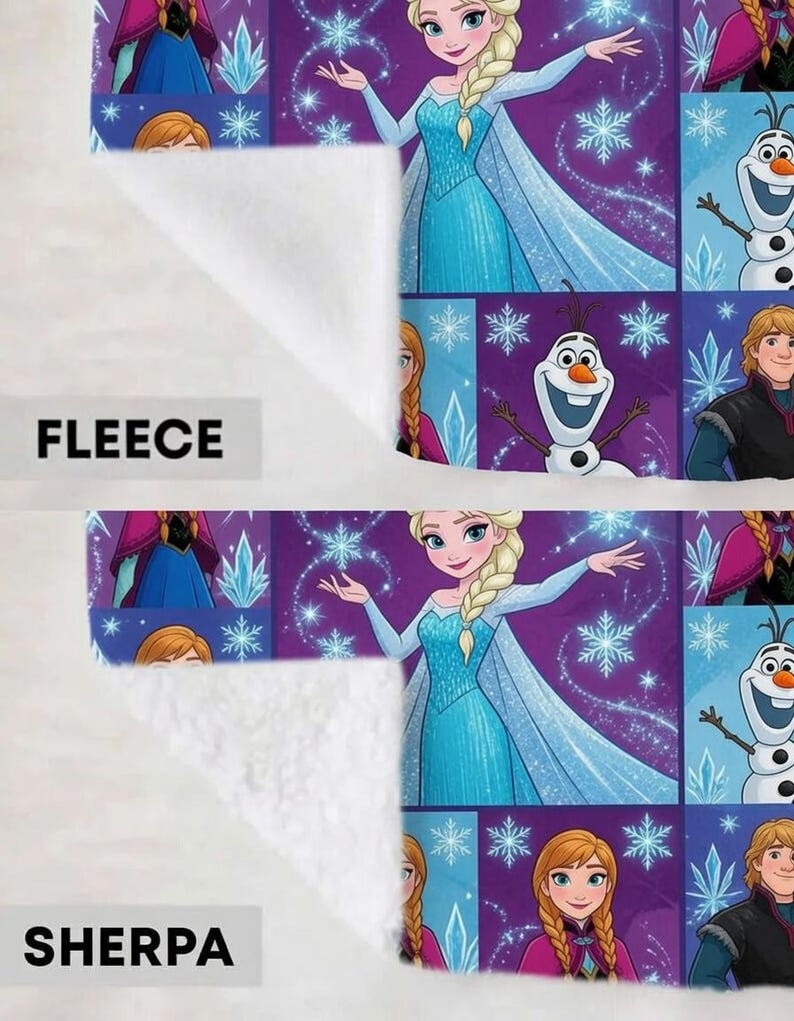 May include: A blanket featuring characters from Frozen, including Elsa, Anna, Olaf, and Kristoff, displayed in a grid pattern with snowflakes. The image shows two texture options: a smooth fleece side labeled FLEECE and a textured sherpa side labeled SHERPA.