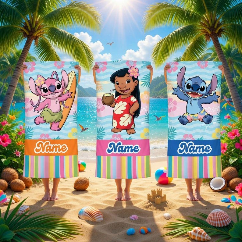 Personlig Lilo & Stitch strandhandduk, anpassad hawaiisk barnhandduk, sommarpresent till poolen bild 2