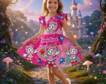 Vestito Amy Rose di Sonic per bambine, ideale per feste di compleanno e come regalo personalizzato.