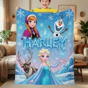 Personalized Frozen Blanket Custom Name Elsa Anna Olaf Birthday Gift for Girls image 1