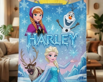 Manta personalizada de Frozen con nombre personalizado de Elsa, Anna y Olaf. Regalo de cumpleaños para niñas.