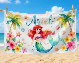 Telo mare personalizzato di Ariel, telo piscina personalizzato con sirena, regalo estivo tropicale per bambini