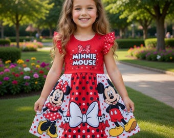 Vestito di Minnie Mouse a pois rossi per bambine, completo per feste di compleanno a tema cartoni animati, regalo personalizzato