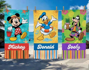 Telo mare Disney personalizzato, telo piscina personalizzato con Topolino, Paperino e Pippo, regalo estivo per tutta la famiglia.