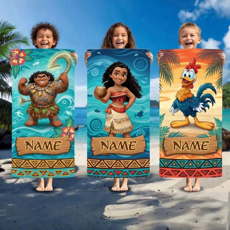May include: Three beach towels featuring cartoon characters from a popular animated movie. Each towel has a different character, with the word "NAME" on a wooden sign at the bottom. The towels are held up by children on a beach.