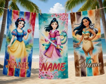 Custom Princess Beach Towel, Snow White Mulan Pocahontas Pool Gift