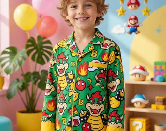 Set pigiama per bambini Bowser, abbigliamento da notte per ragazzi, grazioso completo pigiama a maniche lunghe, regalo personalizzato