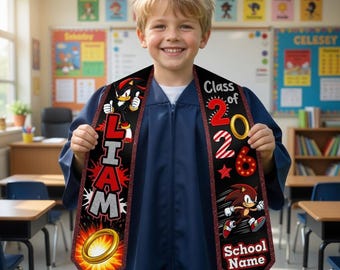 Sciarpa di laurea personalizzata a tema Sonic per bambini, classe 2026. Fascia di laurea personalizzabile.