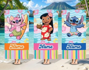 Telo mare personalizzato di Lilo & Stitch, telo hawaiano personalizzato per bambini, regalo estivo per la piscina.