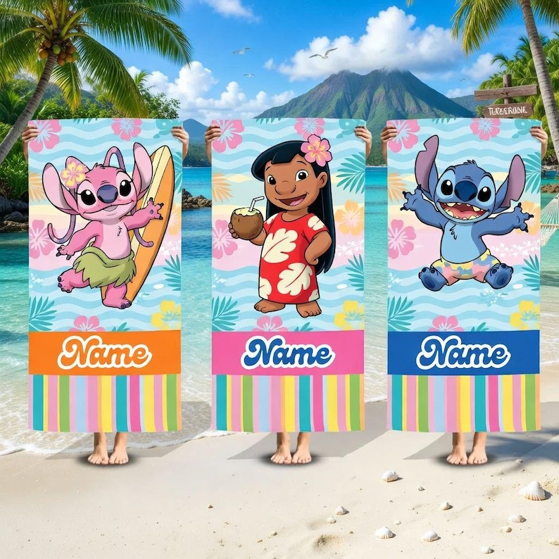 Personlig Lilo & Stitch strandhandduk, anpassad hawaiisk barnhandduk, sommarpresent till poolen bild 1